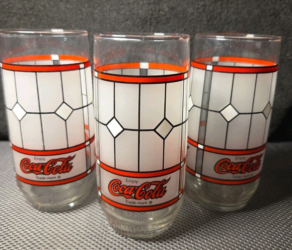 vintage Libbey frosted stained-glass Tiffany-style Coca-Cola tumbler Set Of 3